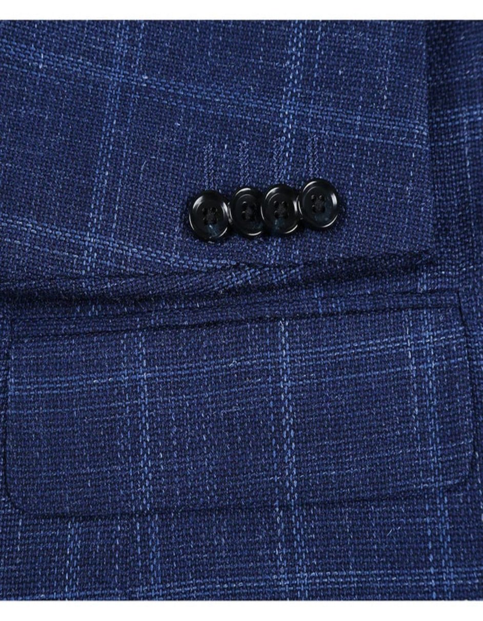 Mens Two Button Classic Fit Wool Sport Coat Navy Blue Windowpane Plaid Blazer - Men's Tuxedo USA