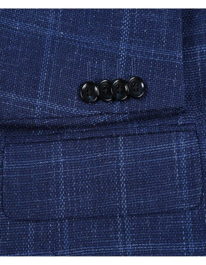 Mens Two Button Classic Fit Wool Sport Coat Navy Blue Windowpane Plaid Blazer - Men's Tuxedo USA