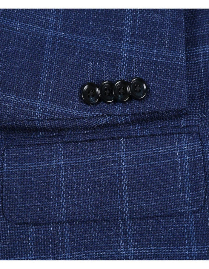Mens Two Button Classic Fit Wool Sport Coat Navy Blue Windowpane Plaid Blazer - Men's Tuxedo USA