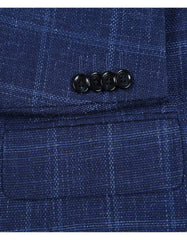 Mens Two Button Classic Fit Wool Sport Coat Navy Blue Windowpane Plaid Blazer - Men's Tuxedo USA