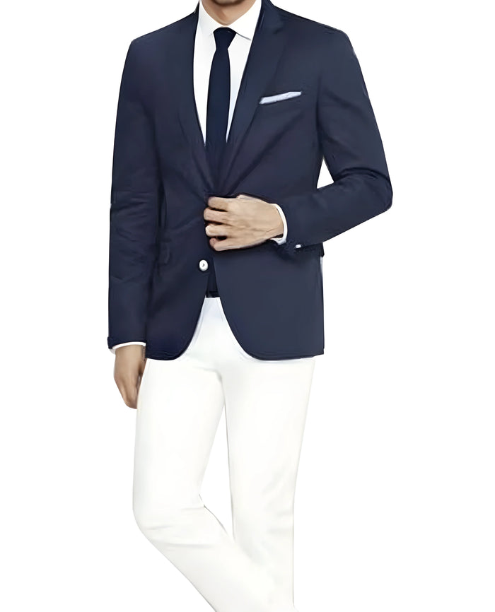Men’s Blue Sport Coat with Off-White Dress Pants – Smart Broken Suit Look