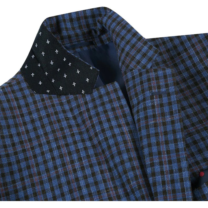 Saco vaquero - Western Sport Coat - Western Blazer - Mens Two Button Slim Fit Wool Sport Coat Blazer In Navy Blue & Burgundy Mini Check