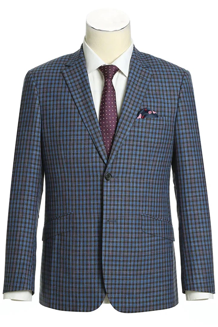 Saco vaquero - Western Sport Coat - Western Blazer - Mens Two Button Slim Fit Wool Sport Coat Blazer In Navy Blue & Burgundy Mini Check