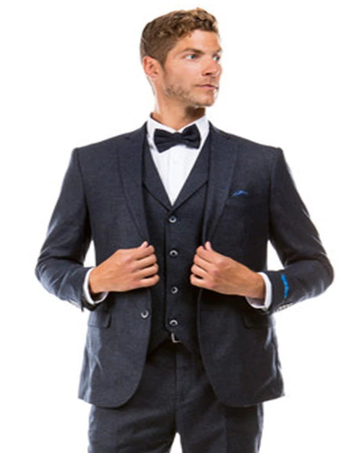 Tweed Suit 1920s Vintage Looking Fabric Vested Suit - Navy Blue Herringbone Fabric - Men's Tuxedo USA