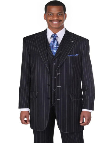 Pleated Dress Men Suits - Mens Vintage Vested Gangster Bold Pinstripe Navy Blue Fashion Suit