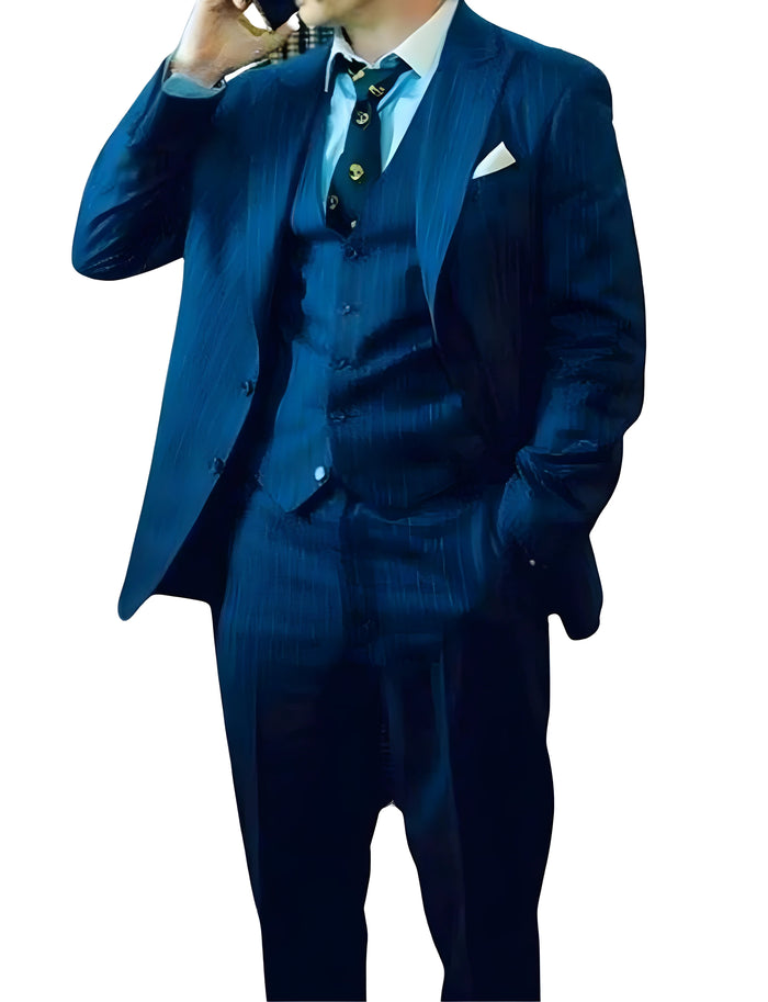 Men’s Slim Fit Navy Blue Pinstripe 3 Piece Suit – Elegant Formal Business Suit