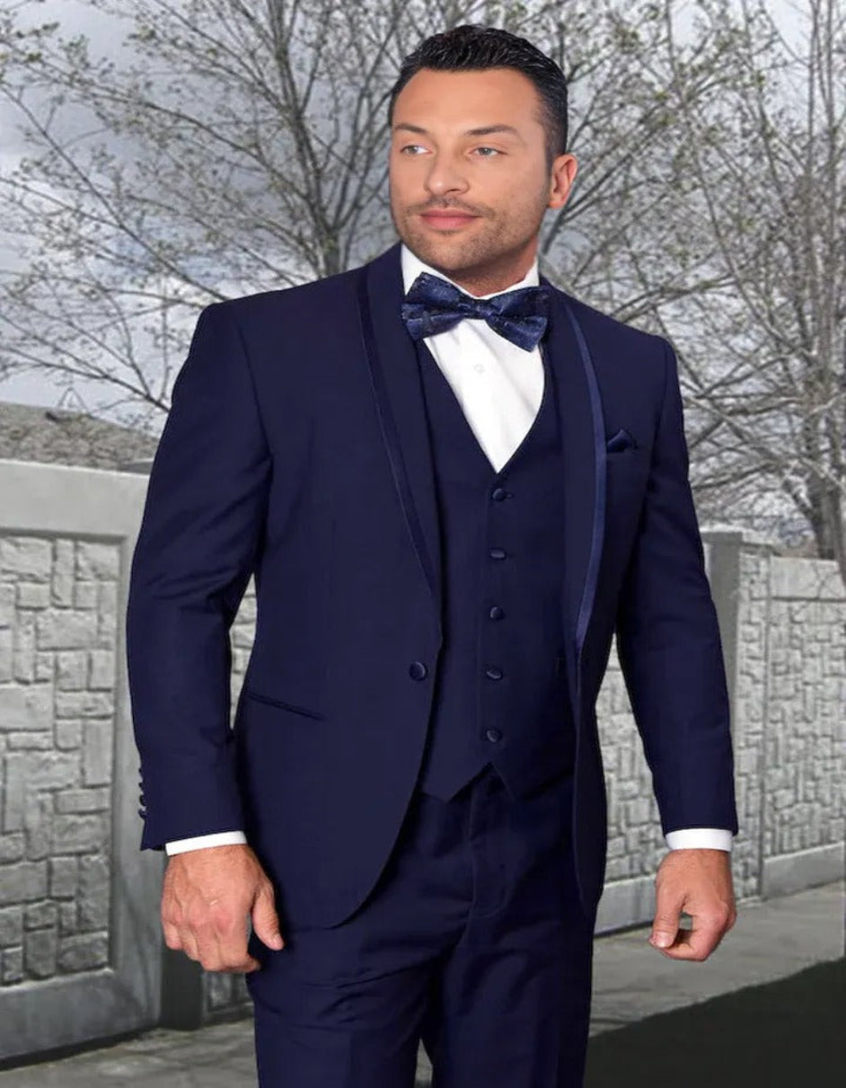 Blue Wedding Tuxedo - Men's Vested Satin Trim Shawl Navy Blue Wedding and Prom Tuxedo