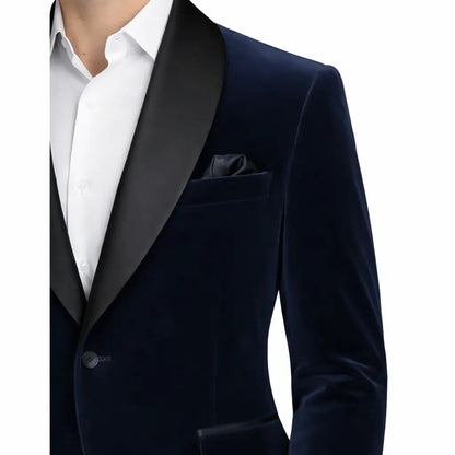 Men’s Navy Blue Velvet Blazer – Elegant Shawl Collar Formal Dinner Jacket