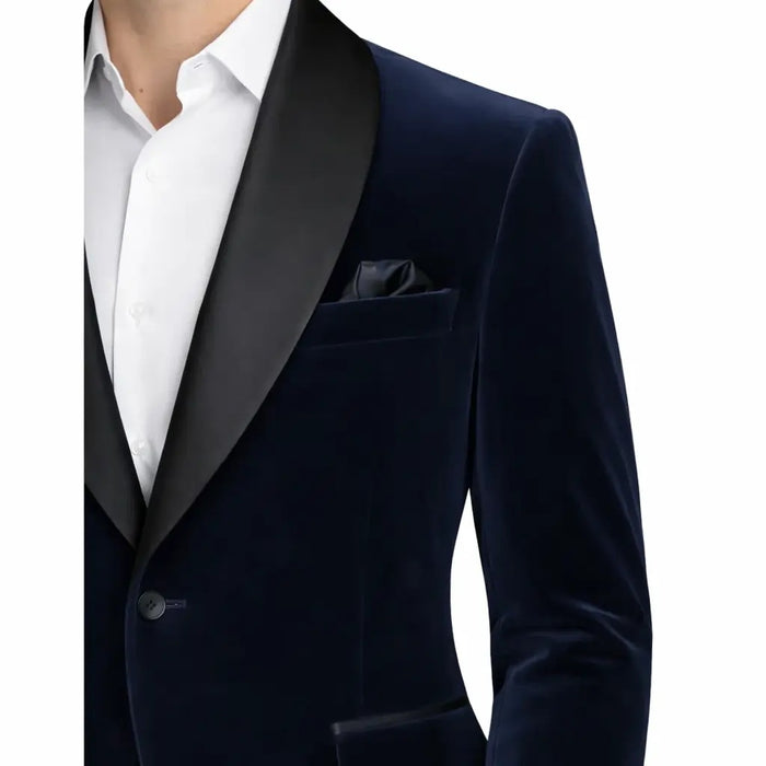 Men’s Navy Blue Velvet Blazer – Elegant Shawl Collar Formal Dinner Jacket