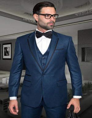 Blue Wedding Tuxedo - Men's Designer One Button Shiny Sharkskin Satin Trim Indigo Blue Tuxedo