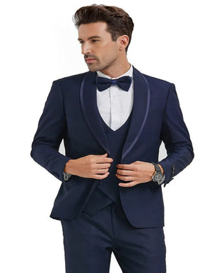 Blue Wedding Tuxedo - Men's One Button Vested Shawl Birdseye with Blue Satin Trim Navy Blue Tuxedo