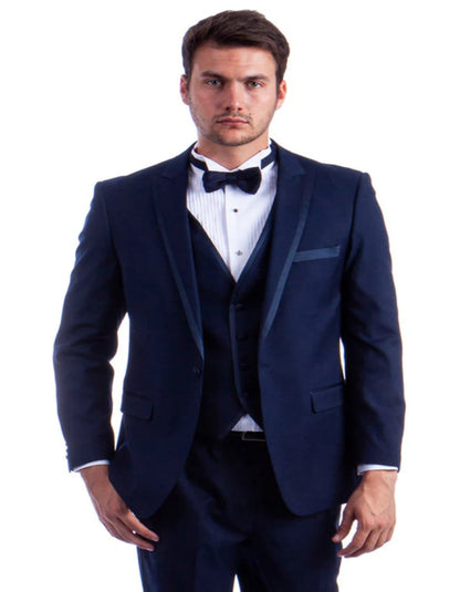Blue Wedding Tuxedo - Men's One Button Peak Wedding Navy Blue Satin Trim Tuxedo