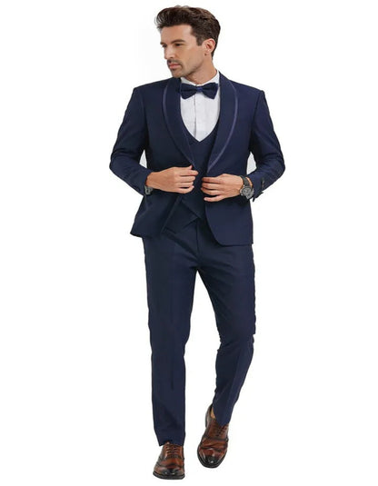 Blue Wedding Tuxedo - Men's One Button Vested Shawl Birdseye with Blue Satin Trim Navy Blue Tuxedo