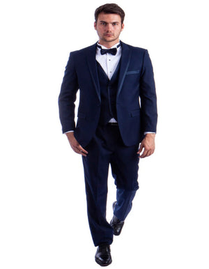 Blue Wedding Tuxedo - Men's One Button Peak Wedding Navy Blue Satin Trim Tuxedo