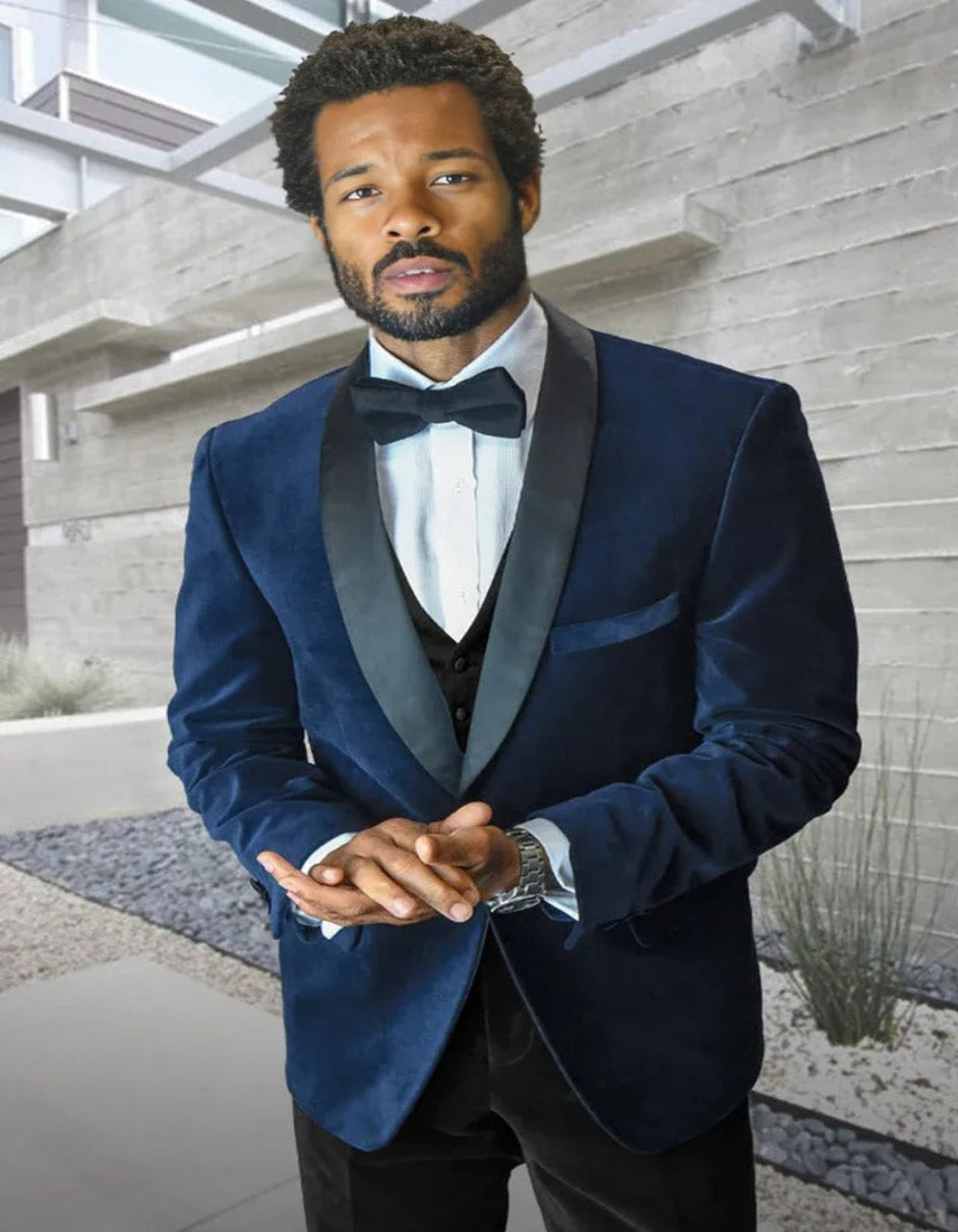 Blue Wedding Tuxedo - Men's Designer Vested Velvet Wedding & Prom Navy Blue Tuxedo