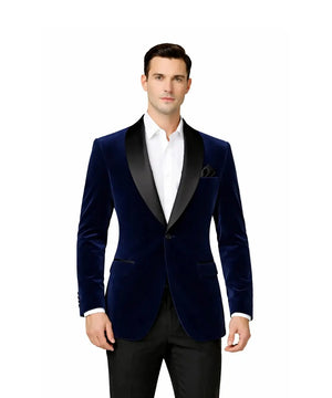 Men’s Navy Blue Velvet Blazer – Elegant Shawl Collar Formal Dinner Jacket