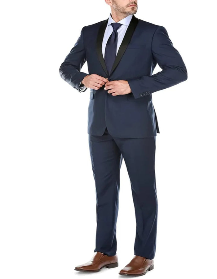 Blue Wedding Tuxedo - Mens Traditional Slim Fit Shawl Navy Blue Collar Tuxedo