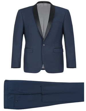 Blue Wedding Tuxedo - Mens Traditional Slim Fit Shawl Navy Blue Collar Tuxedo