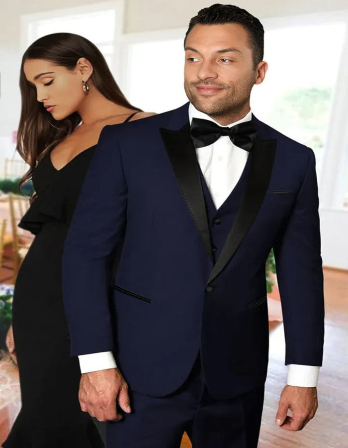 Blue Wedding Tuxedo - Men's Vested One Button Peak Lapel Navy Wedding Tuxedo