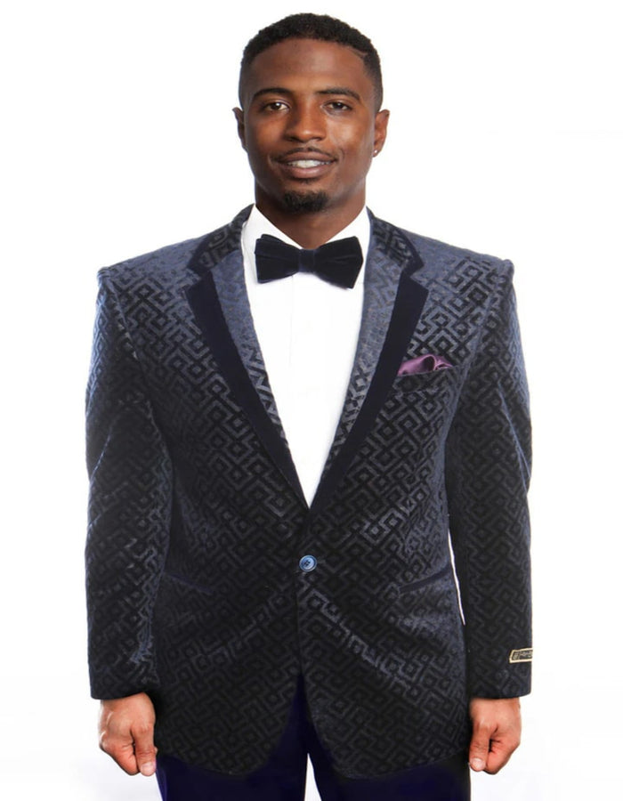 Blue Wedding Tuxedo - Men's Diamond Print Retro Navy Prom Tuxedo Jacket