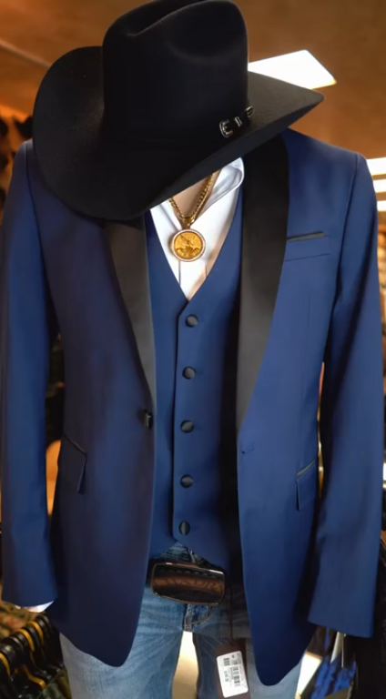 Men’s Sapphire Indigo Western Tuxedo Suit – Cobalt Blue Cowboy Formal Suit with Black Shawl Collar, Vest & Pants