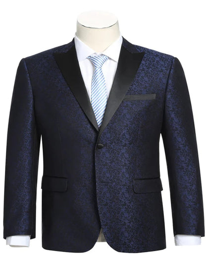 Blue Wedding Tuxedo - Mens Two Button Peak Lapel Paisley Prom Navy Blue Tuxedo Blazer