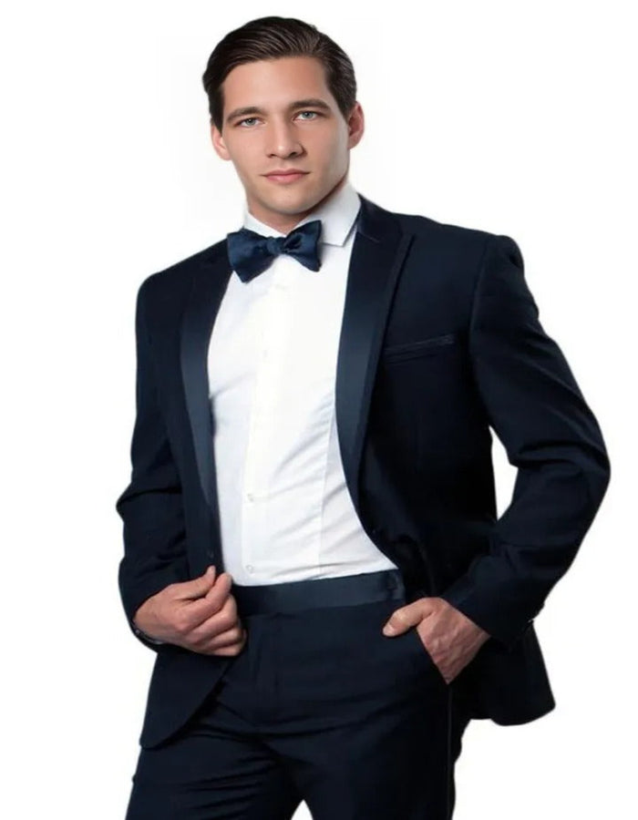 Blue Wedding Tuxedo - Men's Slim Fit One Button Satin Trim Peak Navy Blue Wedding Tuxedo