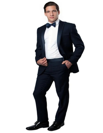 Blue Wedding Tuxedo - Men's Slim Fit One Button Satin Trim Peak Navy Blue Wedding Tuxedo