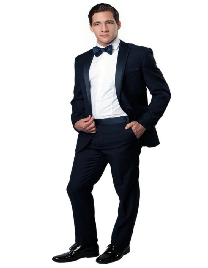 Blue Wedding Tuxedo - Men's Slim Fit One Button Satin Trim Peak Navy Blue Wedding Tuxedo