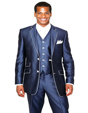 Blue Wedding Tuxedo - Mens Vested Slim Fit Shiny Sharkskin Navy Blue With White Piping Tuxedo