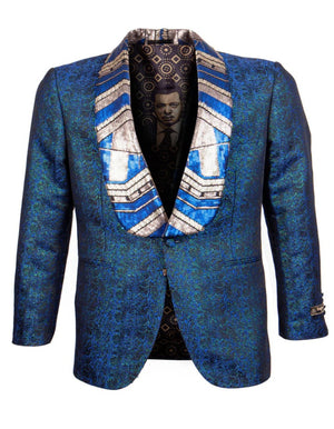 Blue Wedding Tuxedo - Men's Shiny Metallic Print Egyptian Design Navy Sequin Lapel Jacket