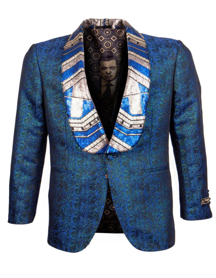 Blue Wedding Tuxedo - Men's Shiny Metallic Print Egyptian Design Navy Sequin Lapel Jacket