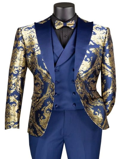 Blue Wedding Tuxedo - Men's Shiny Paisley Jacquard Vested Wedding Navy Blue and Prom Tuxedo