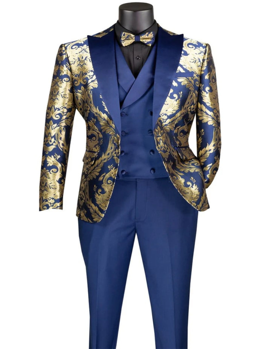 Blue Wedding Tuxedo - Men's Shiny Paisley Jacquard Vested Wedding Navy Blue and Prom Tuxedo