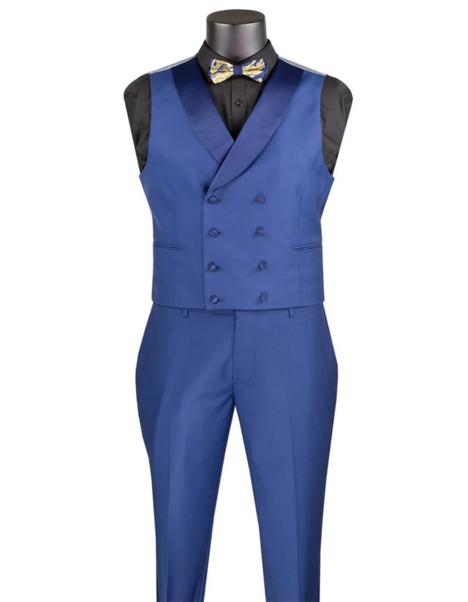 Blue Wedding Tuxedo - Men's Shiny Paisley Jacquard Vested Wedding Navy Blue and Prom Tuxedo