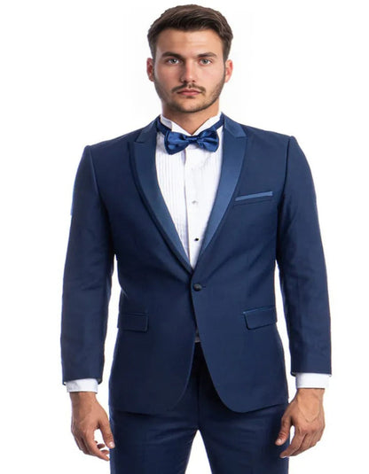 Blue Wedding Tuxedo - Men's Slim Fit One Button Satin Trim Peak Lapel Prom & Wedding Cobalt Blue Tuxedo