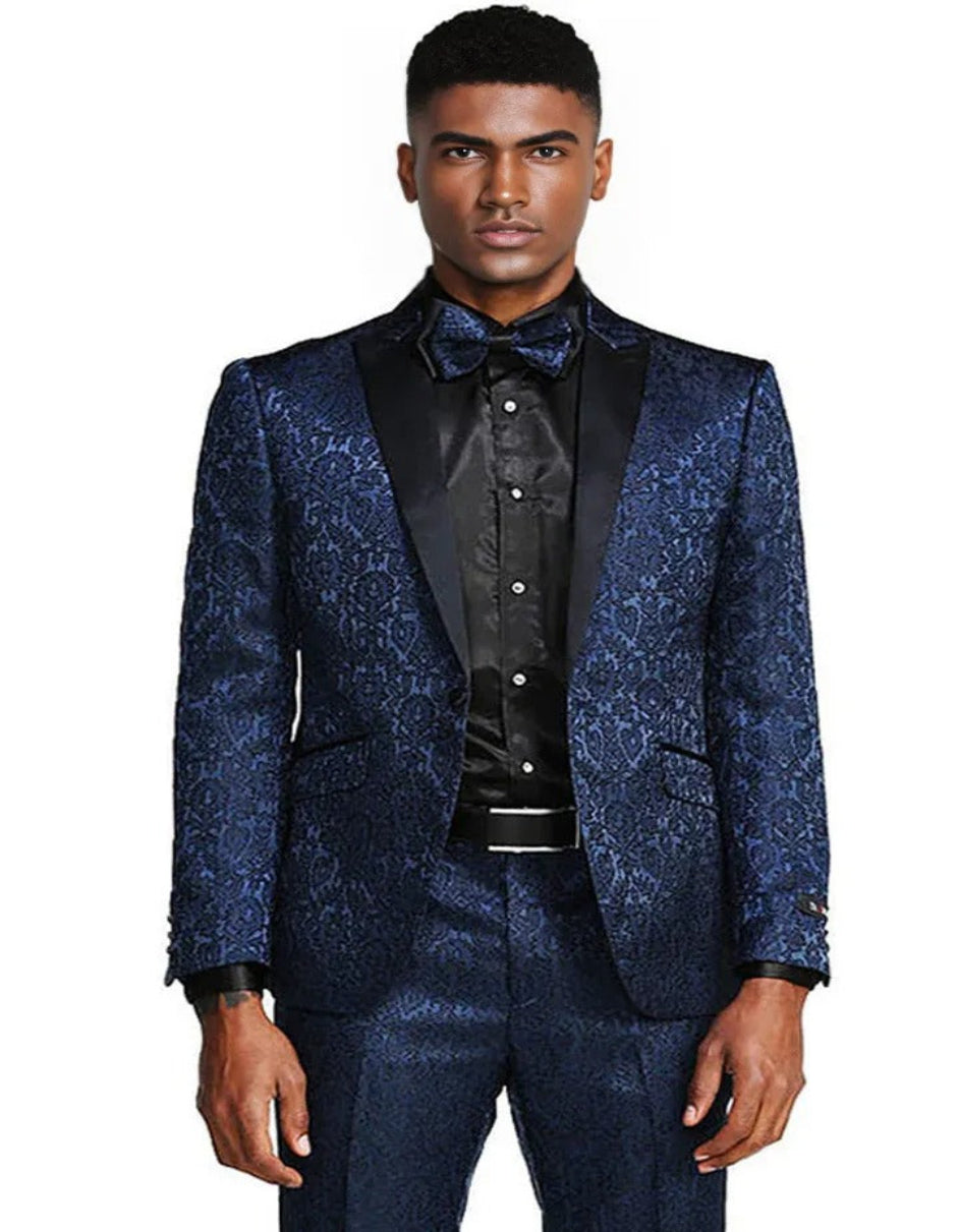 Blue Wedding Tuxedo - Men's One Button Slim Fit Paisley Wedding & Prom Navy Blue Tuxedo