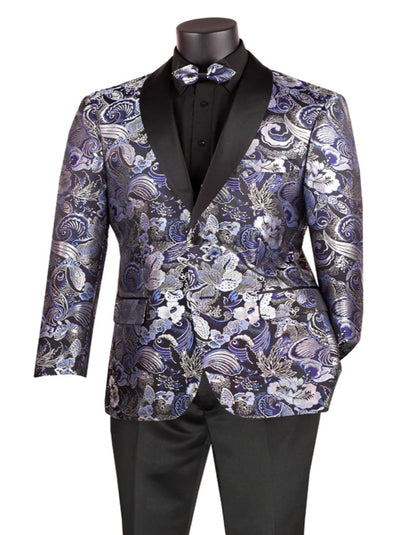 Blue Wedding Tuxedo - Mens Japanes Floral Paisley Print Prom & Wedding Navy Blue Tuxedo