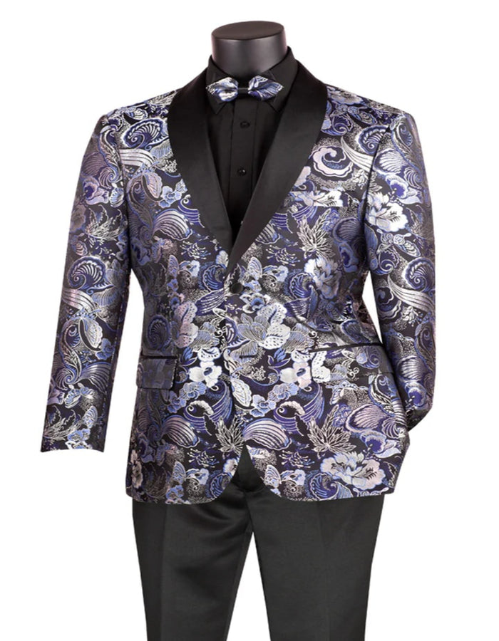 Blue Wedding Tuxedo - Mens Japanes Floral Paisley Print Prom & Wedding Navy Blue Tuxedo