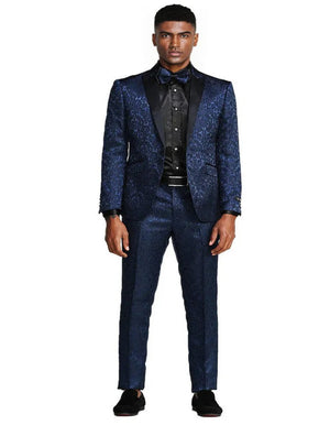 Blue Wedding Tuxedo - Men's One Button Slim Fit Paisley Wedding & Prom Navy Blue Tuxedo