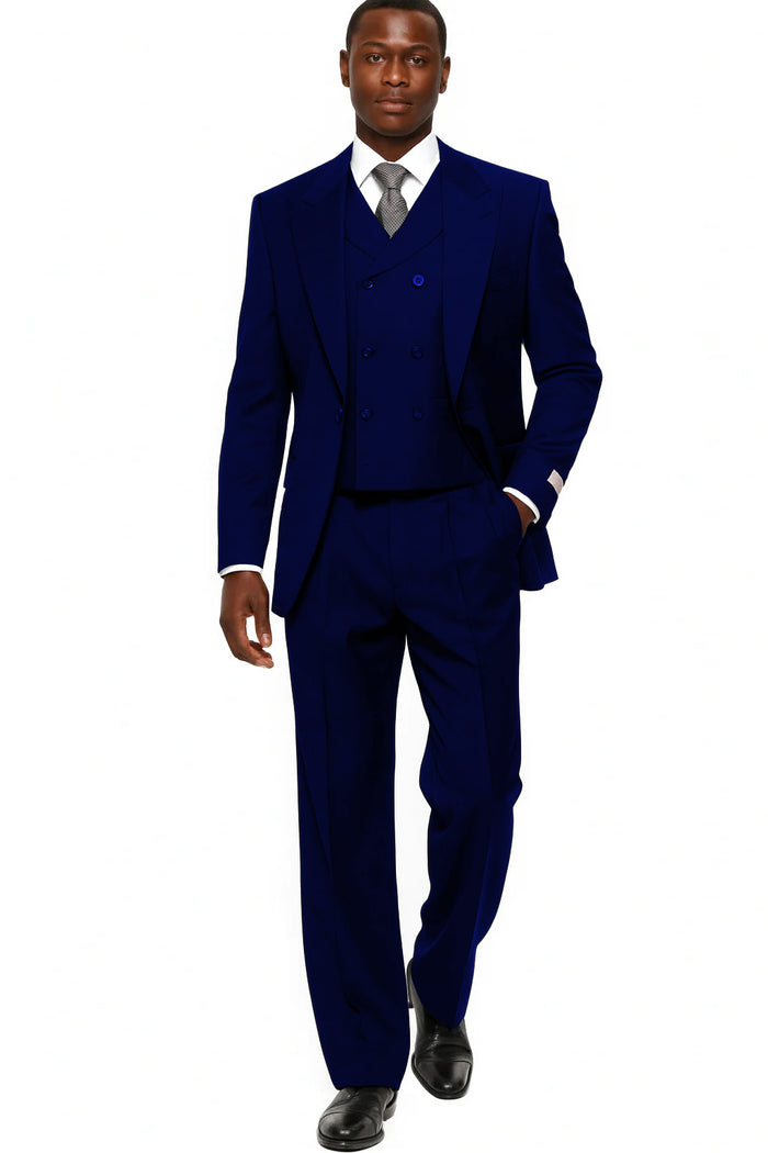 Mens Tiglio Rosso Suit - Wide Leg Baggy Pants - 100% Wool  Black Three-Piece Suit with Double-Breasted Vest and Peak Lapel