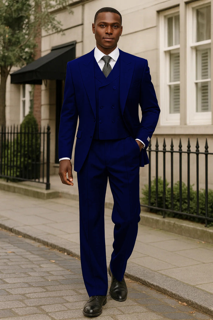 Mens Tiglio Rosso Suit - Wide Leg Baggy Pants - 100% Wool  Black Three-Piece Suit with Double-Breasted Vest and Peak Lapel