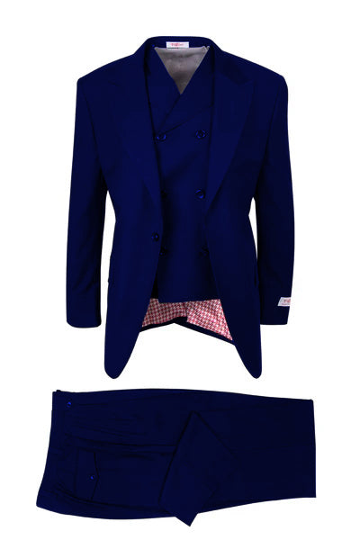 Mens Tiglio Rosso Suit - Wide Leg Baggy Pants - 100% Wool  Black Three-Piece Suit with Double-Breasted Vest and Peak Lapel