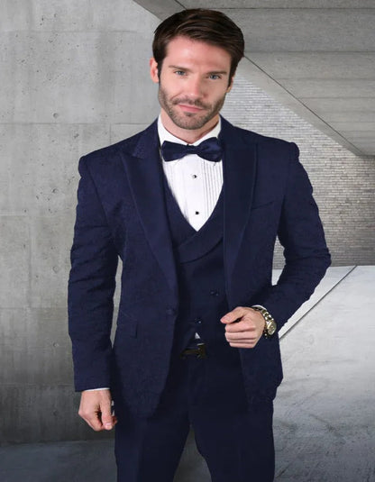 Blue Wedding Tuxedo - Men's Designer Vested Tonal Paisley Wedding Navy Blue Prom Tuxedo