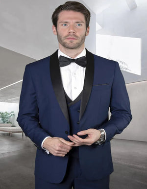 Blue Wedding Tuxedo - Men's Designer Wool Shawl Double Breasted Sapphire Blue Tuxedo