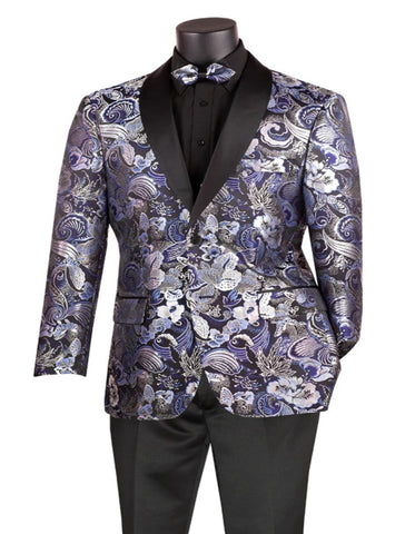 Mens Japanes Floral Paisley Print Prom & Wedding Navy Blue Tuxedo