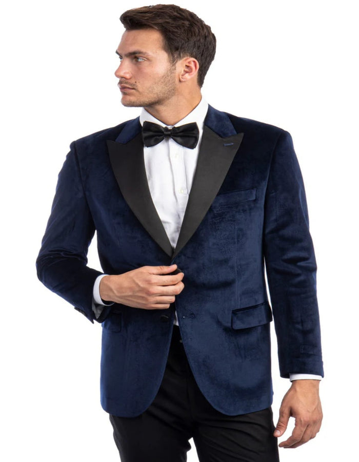 Blue Wedding Tuxedo - Men's Two Button Peak Lapel Velvet Wedding & Prom Navy Blue Tuxedo Jacket