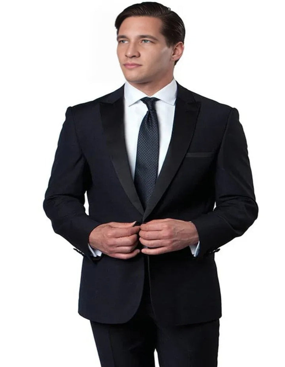 Blue Wedding Tuxedo - Men's Slim Fit One Button Peak Lapel Wedding Navy Blue Tuxedo