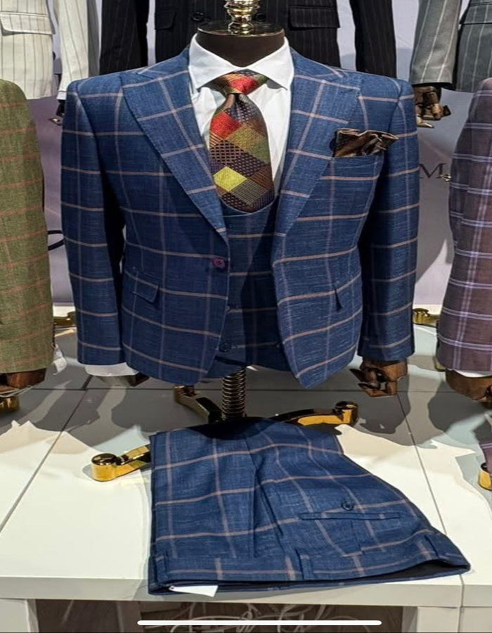 Rossiman Men??s Navy & Gray Plaid Suit ?? Classic Windowpane Double-Breasted Design