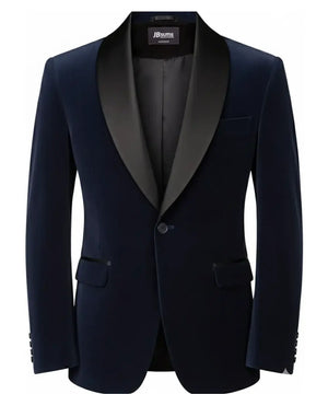 Men’s Navy Blue Velvet Blazer – Elegant Shawl Collar Formal Dinner Jacket